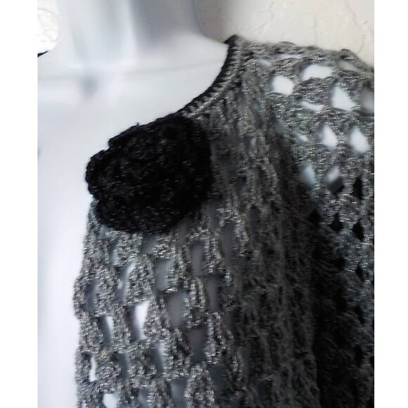 Handmade Crochet Boho Cardigan Fits Medium Gray Metallic Knit and Black Rose - Picture 5 of 7